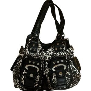 SOLD Angel kiss Black and brown cheetah leopard print shoulder bag silver
